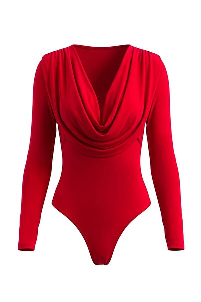 Trendyol Collection Red Plain Degaje Collar Long Knitted Sandy Bodysuit Tpraw...