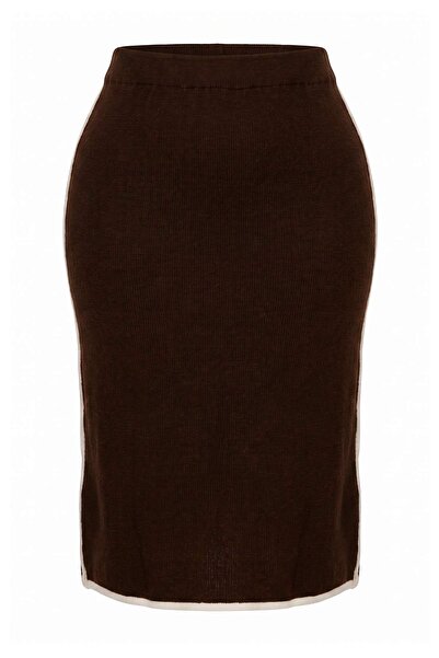 Trendyol Curve Brown Stripe Detailed Midi Length Knitwear Skirt Tbbaw26Az00000