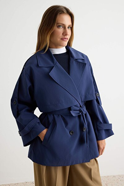 Trendyol Collection Navy Blue Double-Breasted Tie-Waist Midi Trench Coat Twoa...