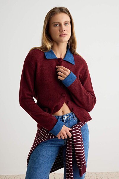 Trendyol Collection Burgundy Wool Denim Garnished Polo Collar Knitwear Cardig...
