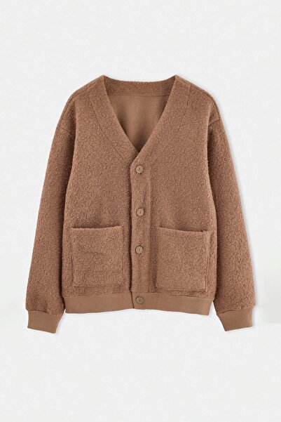 Trendyol Collection Light Brown Oversize/Wide Cut V-Neck Buttoned Textured Th...