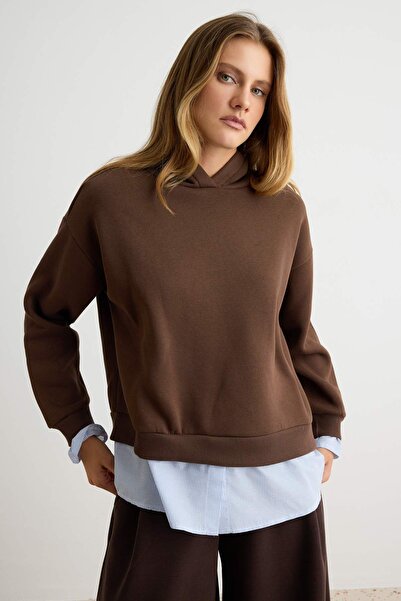 Trendyol Collection Brown Fleece Inside Hooded Knitted Sweatshirt with Woven ...
