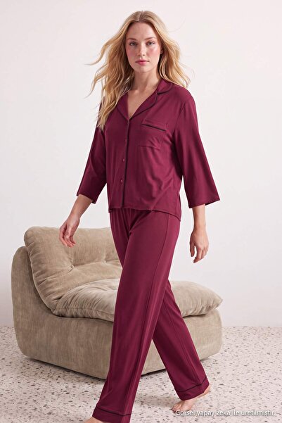 TRENDYOLMİLLA Bordo Biyeli Viskon Dokuma Pijama Takımı THMAW21PT0292