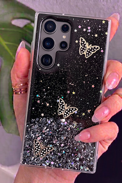 Rivor Samsung Galaxy S24 Ultra Uyumlu Kılıf Kamera Çıkıntılı Simli Kelebek Ka...