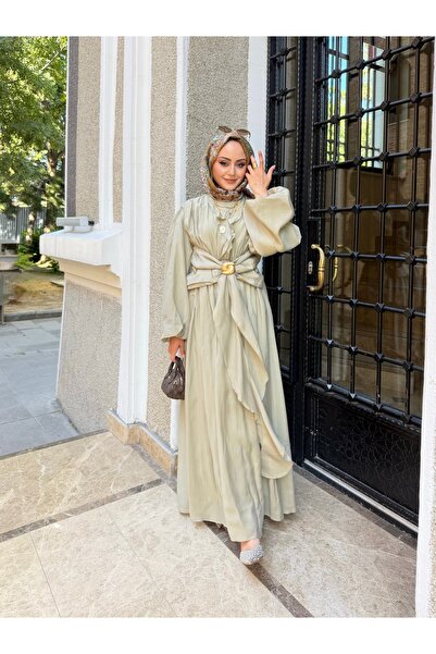 W WARGA Shoulder and Waist Gathered Dress with Buckle Detail