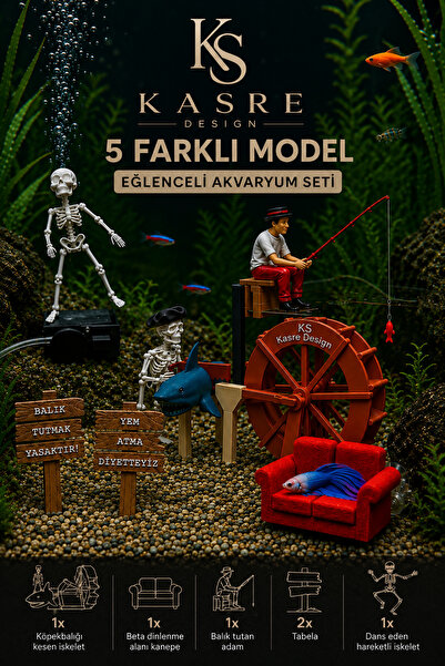Kasre Akvaryum Süs Seti 5 Farklı Model – Hareketli iskeletler, Balıkçı Adam, ...