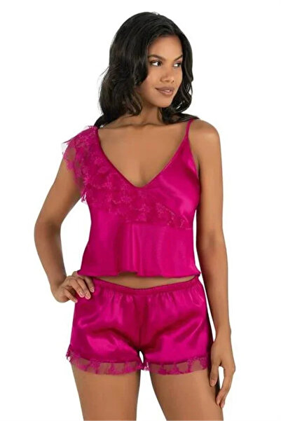 SS HOME CONCEPT Lace Embroidered 2-Piece Cherry Satin Shorts Set