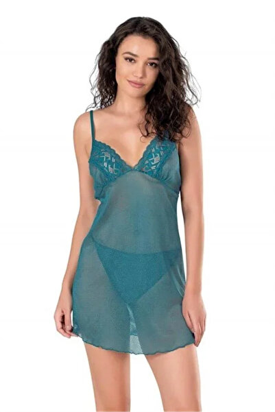 SS HOME CONCEPT Lace Embroidered Petrol Short Mesh Tulle Nightgown