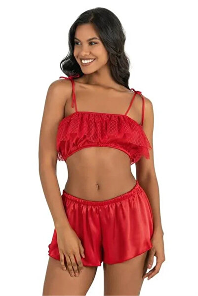 SS HOME CONCEPT Lace Embroidered 2-Piece Red Satin Shorts Set