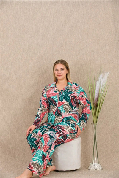 SS HOME CONCEPT Plus size colorful leaf print button-down long sleeve viscose...