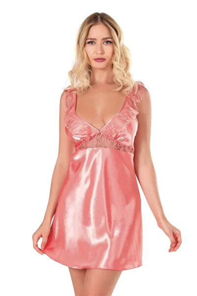 SS HOME CONCEPT Lace Embroidered Low-Cut Coral Short Satin Nightgown