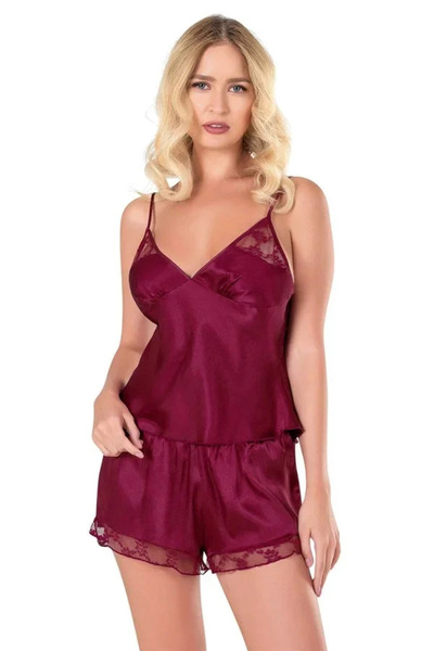 SS HOME CONCEPT Burgundy Satin Babydoll Shorts Set