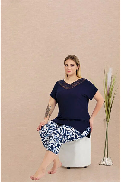 SS HOME CONCEPT Plus size viscose chic design navy blue lace embroidered patt...
