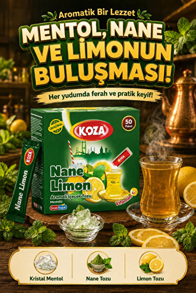 Koza Gurmelerin Seçimi Pratik Lezzet Mentollü Nane Limon Aromalı Tek İçimlik Premium İçecek Tozu 50 Stick