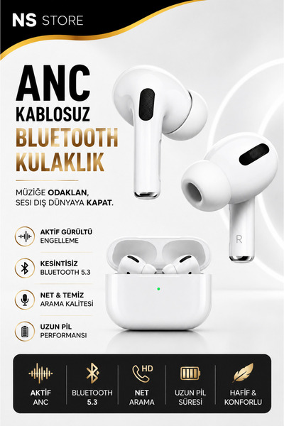 NS Store Pro Premium Bluetooth Kulaklık ANC Aktif Gürültü Engelleme Kablosuz ...