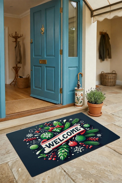 Valerine Life Christmas New Year Balls and Green Leaves Welcome Door Mat 45x70cm