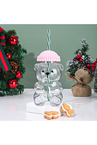 choice2 Pink 1pc New cute little bear plastic cup with lid and straw, teddy b...