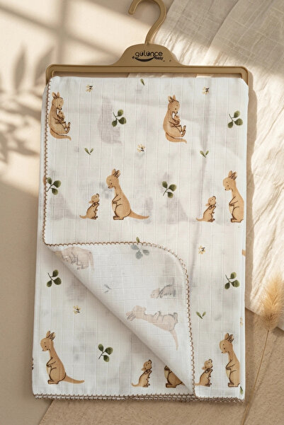Generic Brand Kangaroo Patterned Cotton Muslin Baby Blanket with Brown Edges ...