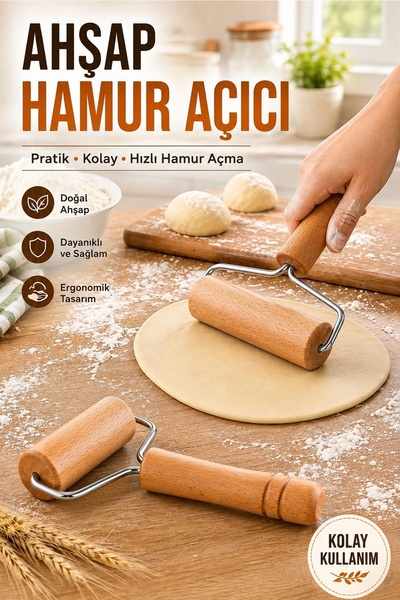 Kitchen Beauty Ahşap Saplı Rulo Hamur Açıcı Merdane Pürüzsüz Oklava Pizza Bör...
