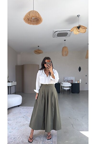 Buket Teke Khaki Pleated Skirt Look Premium Trousers
