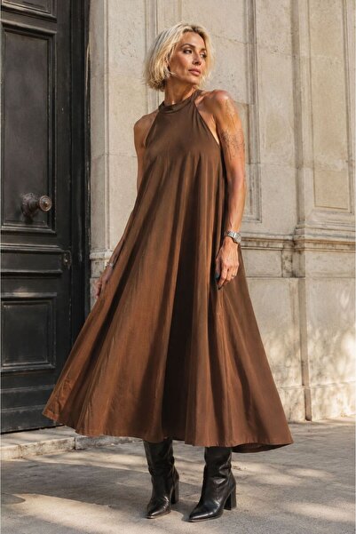 ibeeka Camel Color Suede Design Wide Cut Maxi Length Dress