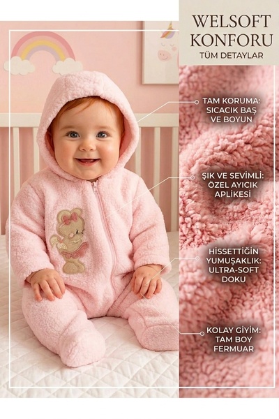 MİLAYS LİFE HOME COLLECTİON 3-12 AY SEVİMLİ HAYVAN NAKIŞ İŞLEMELİ KAPŞONLU FE...