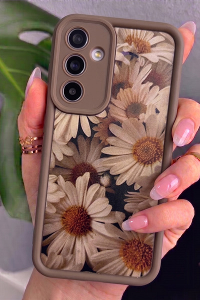 Rivor Samsung Galaxy A36 Uyumlu Kılıf Kamera Korumalı Vintage Papatya Desenli Kahverengi Silikon Kapak