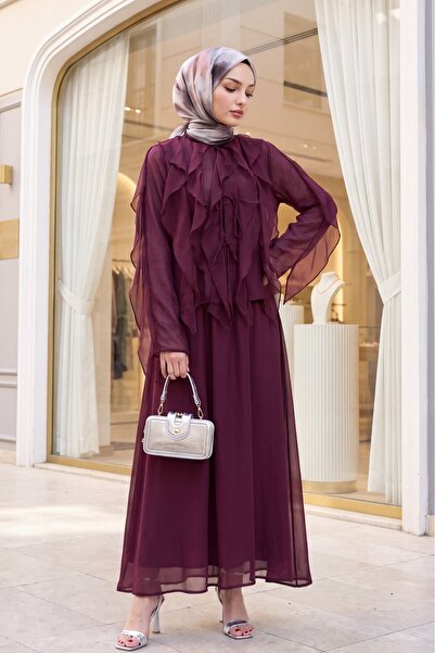 Modamorfo Tie-Front Ruffled Lined Asymmetrical Cut Cupra Set - Plum