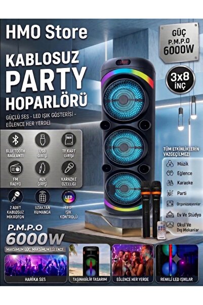 HMO Store Premium 6000W PMPO Kablosuz Party Hoparlörü -+ 3x8" Çift Mikrofonlu...