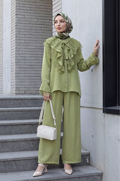 Modamorfo Cupra Suit with Tie Collar, Lace Ruffles, Belted Pants and Lining -...