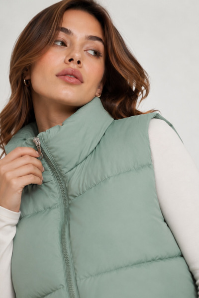 FEG STORE Women's Mint Green Crop High Collar Zippered Inflatable Vest with E...