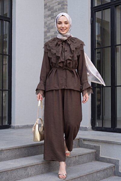 Modamorfo Cupra Suit with Tie-Neck Lace-Up Ruffled Belted Pants and Lining - ...
