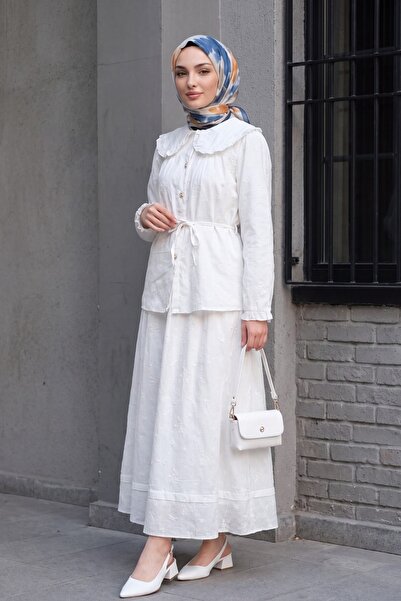 Modamorfo Baby Collar, Lace-Up, Buttoned Skirt, Lined Linen Look Suit -White