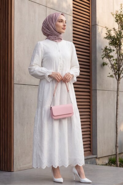 Modamorfo Half-Buttoned Lace Detailed Robadan Dress -White