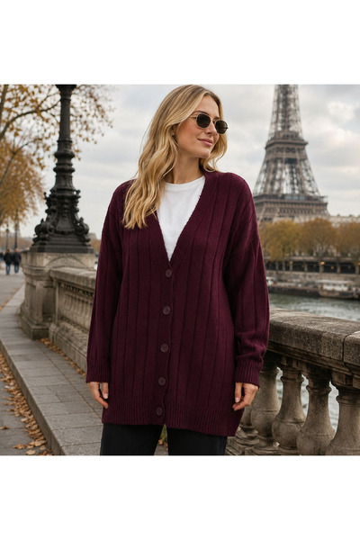 Lavanta Tekstil Burgundy V-Neck Women's Knitwear Cardigan