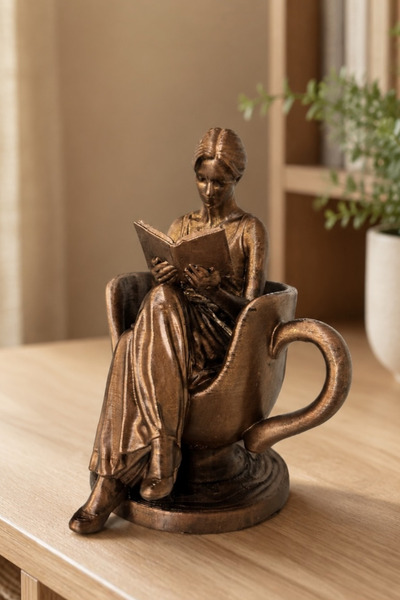 DENGE Kahve Köşesi Dekoru ve Kitap Okuyan Kadın Biblo- 12 cm yükseklik