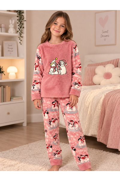 Fil Kids Girl's Cute Penguins Patterned Long Sleeve Winter Fleece Pajama Set