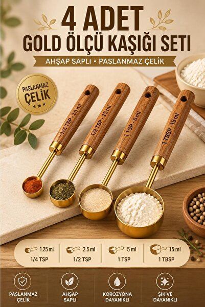 Kitchen Beauty 4 Adet Gold Paslanmaz Çelik Ahşap Saplı Ölçü Kaşığı Seti Ölçü ...