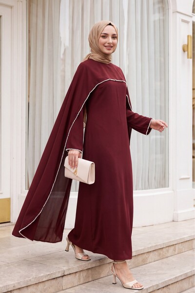 Modamorfo Pearl Detailed Spanish Sleeve Lined Crepe Abaya Dress with Detachab...
