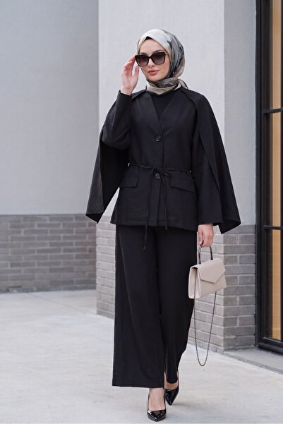 Modamorfo Pocket Detailed V-Neck Lace-Up Scarf Parachute Set - Black