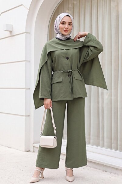 Modamorfo Pocket Detailed V-Neck Lace-Up Scarf Parachute Suit -Khaki