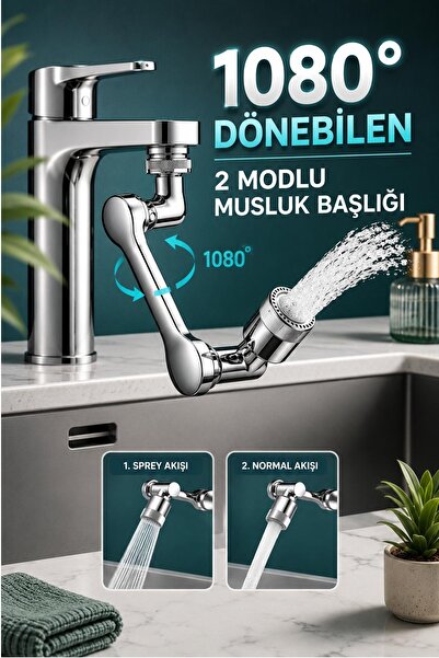 İndirimKap 1080 Derece Dönebilen 2 Modlu  Mutfak Musluk Başlığı  Banyo Musluk...