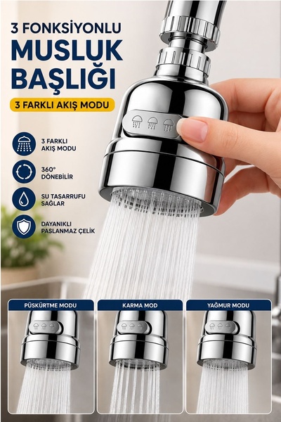 Kitchen Beauty Krom 3 Fonksiyonlu Mutfak Lavabo Başlığı 360 Derece Döner Tasa...