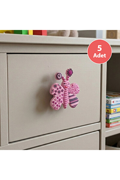 EYM 5 Pieces Children's Room Furniture Handle Cupboard Button Pink Butterfly