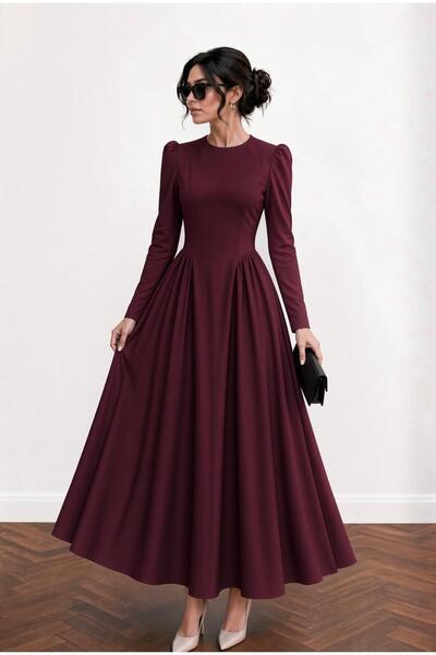 Avakado Vintage Elegance Uzun Kollu Bordo Belden Oturtmalı Maxi Elbise