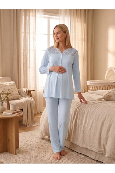 Lady Lingerie طقم بيجامة للحوامل والمرضعات - قطعتين: بلوزة بأكمام طويلة وأزرا...