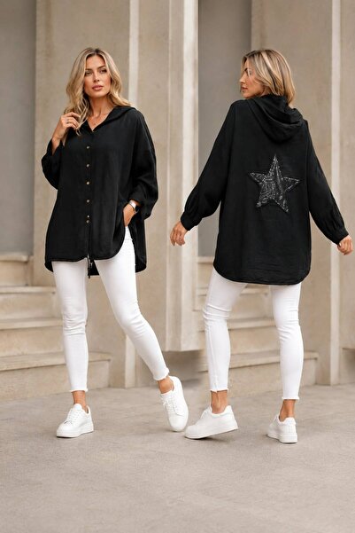 MARWARİ OTANTİK BUTİK Linen Hooded Women's Jacket with Stars on the Back 40-48