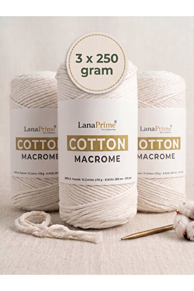 Lanaprime (3 Yumak) Chain Cotton Macrame 1,4mm 285 Meters 250 Grams 100% Cott...