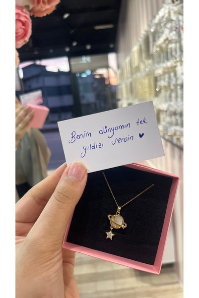 takicimjewelry Kadın Gold Çelik İncili Ve Yıldızlı Taşlı Sarkıt Tasarım Kolye