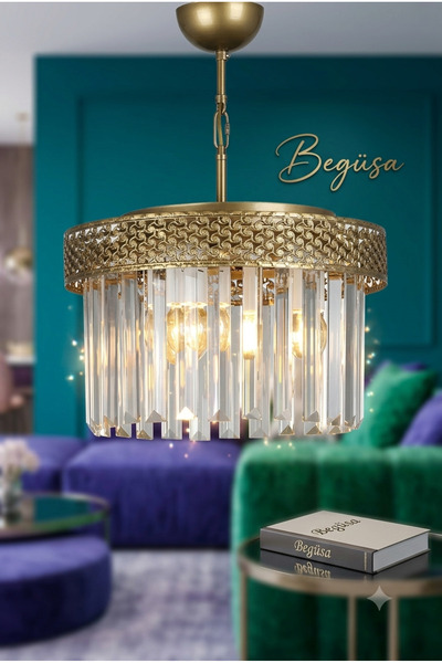 Begüsa Sitrus 3'lü Eskitme Avize, Lux Kristal Taşlı Modern Sarkıt Avize, Deko...